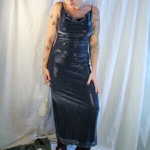 y2k koji yohji black sequin cowl midi dress